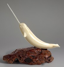 JOHN PERRY Narwal Arctic Ocean Sea life Whale Sculpture On Burlwood Base picture
