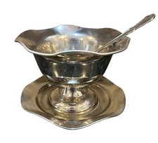 Vintage Silverplate Gravy Boat Attached Underplate Ladle Scalloped Sauce Bowl picture