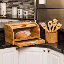 Honey-Can-Do Bamboo Roll Top Bread Box with Drawer, Natural picture