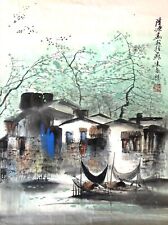 Maoshan Liu Signed River Village Scene Vintage 1970s Chinese Watercolor Painting picture