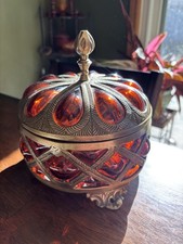 Vintage Baroque Brass Caged Amber Blown Bubble Glass Lidded Apothecary Jar picture