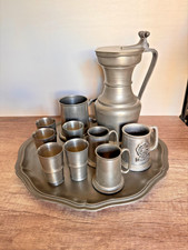 Large Vintage Pewter Lot 10 Pc Carafe 5 Goblets Tray 3 Mugs Rein Zinn 95% picture