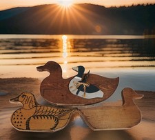 4 Handmade Wooden Duck Figurine 3 Wood Cutouts & 1 Handpainted w Cattails Vtg picture