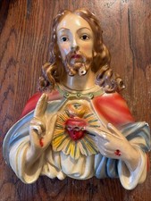 Vintage Rare Italian Chalkware Wall Hanging Of The Sacred Heart Of Jesus  picture
