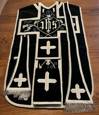 Antique Black Velvet Roman Chasuble Requiem Catholic Priest Vestment picture