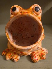 Vintage Ceramic Frog Sponge Holder Large Mouth Splatter Drip Glaze Orange 5” picture