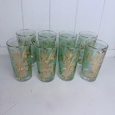 Vintage Libbey Green Gold Bamboo Highball Glasses Set of 8 MCM Barware picture