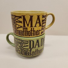 Vtg Otagiri Retro 1970's Avocado Green Dad & Gold Mom Stoneware Soup Mug Set picture