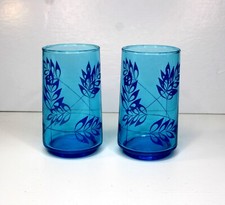 1960’s Pair of Libbey Glassware Blue Floral Design Tumblers Juice Glasses 12 oz picture