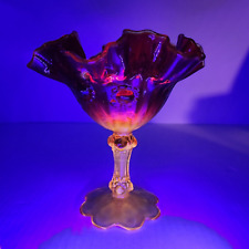 Amberina Glass Ruffle Compote Candy Dish Cabbage Rose Glowing Cadmium Red Vtg picture