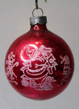 VTG WWII Glass Stencil Pictured SANTA HELPER w GIFT Ball Christmas Ornament RED picture