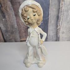 Vintage Young Teenage Girl Porcelain Figurine Lashes Carrying Purse Hat JAPAN picture