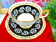 Aynsley tea cup & saucer black & white scroll work teacup Footed England picture