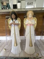 2 VTG TPI PLASTIC CHRISTMAS ANGELS  W/HORN BLOW MOLD LIGHTED YARD  DECOR 34” picture