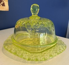 Mosser Queen Pattern Vaseline Canary Glass Butter Dish  Uranium Glows picture