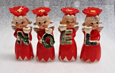 Vintage Commodore Noel Angel Poinsettia Girls Candle Holders Set Ceramic Japan picture