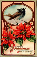 Vintage 1910 Joyful Christmas Greetings Singing Bird Red Poinsettia Postcard CT picture