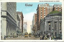 Postcard: Euclid Ave at E 9th St. Street Scene Trolleys Domed Bank Bldg REDUCED picture