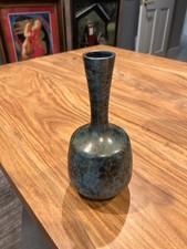 Japanese Bronze Bud Vase Vtg Blue Gold Mottled Patina Inscribed 8 3/4 Inch picture