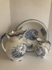 Antique Victorian Blue White Floral Design Embossed Wash Basin & 2 Pitchers Set picture