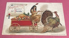 1911 Winsch Embossed Thanksgiving Post Card Indian Girl Turkey Pulling Cart picture