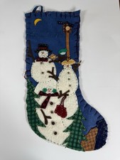 Vintage Blue Primitive Penny Felt Applique Christmas Stocking Snowman picture