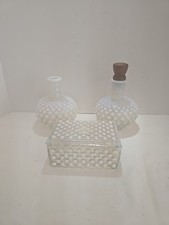 Vtg Fenton Opalescent Hobnail Moonstone Perfume Bottle X2 & Trinket Dish Vanity  picture