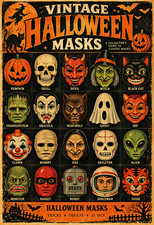 Vintage Halloween Masks Collector Chart Retro Horror Halloween Art Poster 13x19 picture