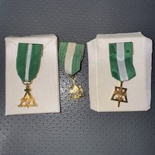 3 Vintage Boy Scout BSA 1/20 10K GP Green Ribbon Eagle Fluer De Lis Pin Medal picture