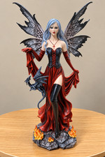 Fire Fairy with Dragon Gothic Fantasy Figurine Flame Guardian Statue picture