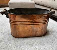 Antique Copper Wash Boiler Tub Oval Wood Handles Farmhouse Primitive Decor picture