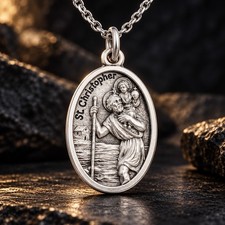 Saint Christopher Medal Necklace Silver Tone Oval Pray for Us Catholic Pendant picture