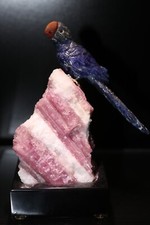 Peter Muller Hand Carved Sodalite Macaw on Pink Tourmaline Base 4 3/4