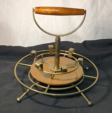 Vintage Round Metal & Wood Tray Brass Finish Gold Brown With Carry Handle picture