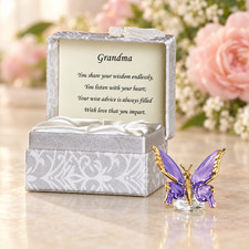 Grandma Purple Glass Butterfly Figurine 24K Gold Accents Keepsake Gift Box picture