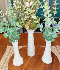 Vintage Milk Glass Vase Set 3pc Hobnail Stars Bars Bisque Scalloped Grapevine picture