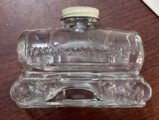 Clear Glass Railroad Tank Car Savings Bank Jar w/ Embossed Lettering & Lid picture
