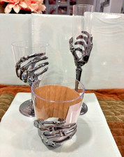 SKELETON HAND GLASS CUP SET HALLOWEEN GOTHIC SILVER BLACK ~NEW~ picture