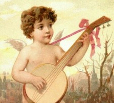 1880s-90s Raphael Tuck Cherub Angel Playing Banjo Winter Scene Fab P220 picture