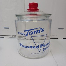 Vtg Enjoy Tom's Toasted Peanuts Countertop Display Jar, Blue w Red Embossed Lid picture