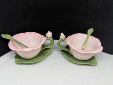 Vtg Cosmos Gifts Fine Porcelain Pink Hibiscus Flower Teacup Saucer Spoon Set  picture