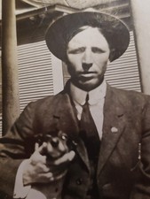 Antique 1900s Photo Man in Fedora Hat Holding Small Terrier Dog on Porch Card Mo picture