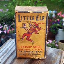NOS Vtg Unopened Little Elf Catsup Spice Tin Cardboard Bursley Indiana Ketchup picture