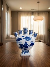 Vintage Blue and White Porcelain Tulipiere Vase 5 Finger Spout Landscape 11.5