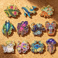 11-Piece Enamel Floral Sea Animals Pin Badge Brooch Set 1.5