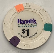 Harrah’s Casino $1 Gaming Chip Vicksburg MS Mississippi Riverboat H&C 1993 picture