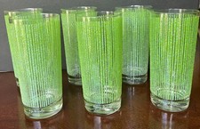 Signed Georges Briard Green Frosted Stripe Highball Glasses Set of 6 MCM picture
