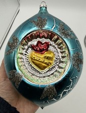 Vtg Jumbo Heart Reflector Indent Glass Christmas Drop Ornament West Germany 6” picture