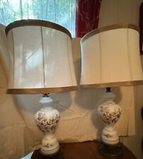 Two Lovely Vintage Glass Lamps White Glass Painted Pink & Gold Flowers Fish Feet picture