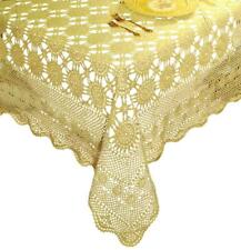 L. KEE Co Hand Crocheted Oblong Tablecloth BEIGE Farmhouse Cabin 68x86 Vintage picture